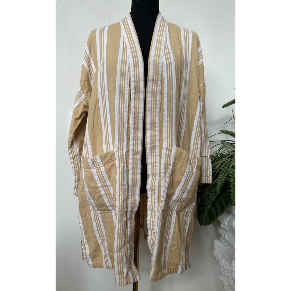 Eileen Fisher Yellow Organic Cotton Gauze Kimono Striped Coat Jacket Sz L/ XL - Picture 2 of 6